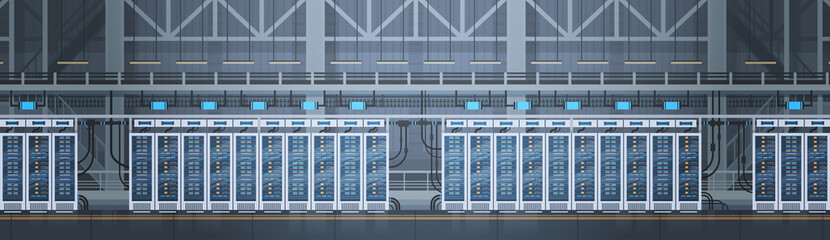 Fototapete - Data Center Room Hosting Server Computer Information Database Synchronize Technology Flat Vector Illustration