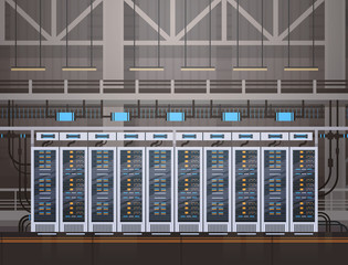 Poster - Data Center Room Hosting Server Computer Information Database Synchronize Technology Flat Vector Illustration