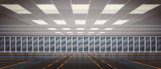 Poster - Data Center Room Hosting Server Computer Information Database Synchronize Technology Flat Vector Illustration