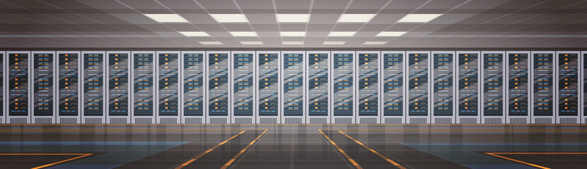 Fototapete - Data Center Room Hosting Server Computer Information Database Synchronize Technology Flat Vector Illustration
