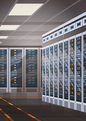 Fototapete - Data Center Room Hosting Server Computer Information Database Synchronize Technology Flat Vector Illustration