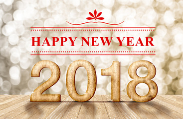 Poster - Happy new year 2018 (3d rendering)wood number in perspective room with sparkling bokeh wall and wooden plank floor,Holiday celebration concept