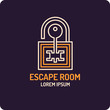 Illustration of lock and key. Real-life room escape and quest game logo