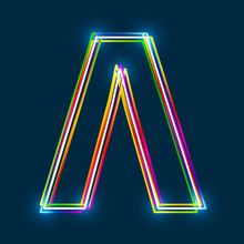Greek Capital Letter Lambda. Multicolor Outline Font With Glowing Effect On Blue Background. Vector EPS10