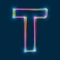 Greek Capital Letter Tau. Multicolor outline font with glowing effect on blue background. Vector EPS10