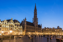 Night View Of Grand Place With Hotel De Ville (City Hall) Building, Brussels, Belgium