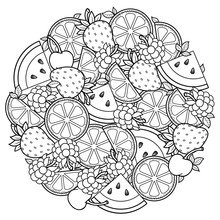 Coloring Book For Adult, For Meditation And Relax. Round Shape Of Watermelon, Strawberries, Citrus, Cherries And Strawberries. Black And White Image On A White Background Of Isolated Elements