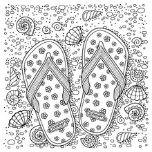 Coloring Book For Adult, For Meditation And Relax Of Sell, Flip-flop, Shells, Stones And Sand. Black And White Image On A White Background 