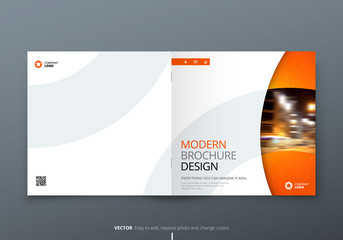 Wall Mural - Square Brochure design. Orange corporate business rectangle template brochure, report, catalog, magazine. Brochure layout modern circle shape abstract background. Creative brochure vector concept