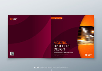Wall Mural - Square Brochure design. Red orange corporate business rectangle template brochure, report, catalog, magazine. Brochure layout modern circle shape abstract background. Creative brochure vector concept