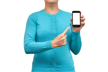 Girl with mobile phone in hands. isolated on white background