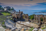 Fototapeta  - Panoramic view of the theater of taormina and mediterranean background