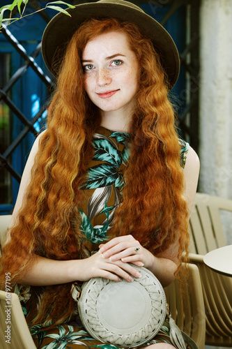 Outdoor Portrait Of Young Beautiful Happy Redhead Girl With