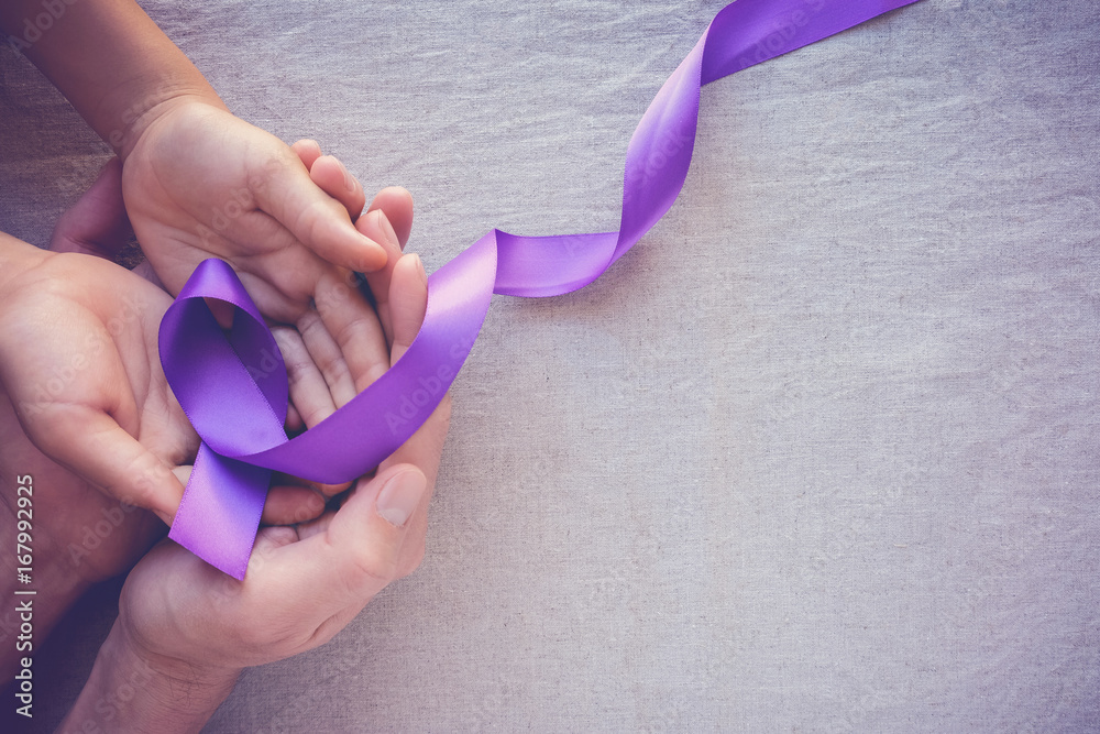 Hands holding Purple ribbons, world cancer day background, Alzheimer disease, Pancreatic cancer, Epilepsy awareness, domestic violence awareness - obrazy, fototapety, plakaty 