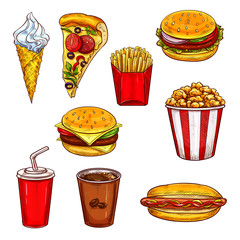 Canvas Print - Fast food sketch set with burger, drink, dessert