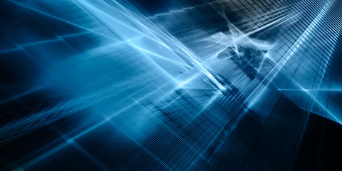 Poster - Abstract background element. Fractal graphics series. Three-dimensional composition of repeating grids and glitches. Blue and black colors.