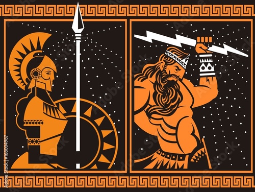 Fotografía athena minerva and jupiter zeus with ray orange and black vintage painting
