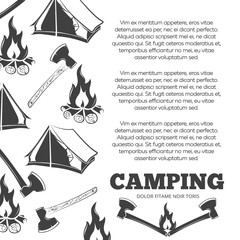 Canvas Print - Camping poster with fire, axes, tent