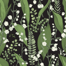 Lily Of The Valley With Fern Seamless Pattern. Hand Drawn Texture With Flowers, Buds, Leaves And Stems. Colorful Vector Illustration.
