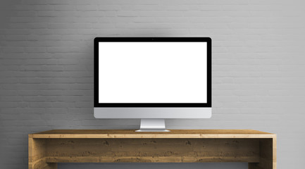 Wall Mural - desktop with blank computer screen. front view mock up.