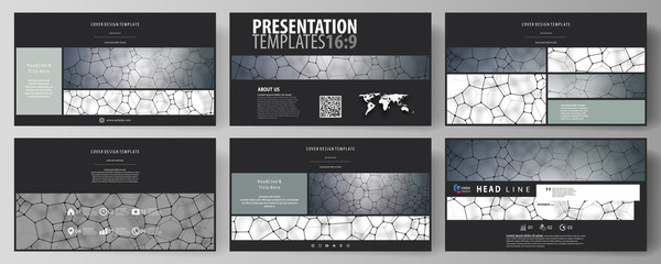 Business templates in HD format for presentation slides. Vector design layouts. Chemistry pattern, molecular texture, polygonal molecule structure, cell. Medicine, science, microbiology concept.