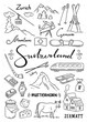 Hand drawn Switzerland illustrations. Outline Switzerland symbols: mountains, watch, chocolate, bank finance. Traveling icons