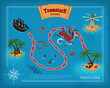 Pirate game in cartoon style. Seascape with a path image. Mobile interface with island and sea monsters: shark, kraken. Vector illustration