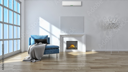 Modern Bright Living Room With Air Conditioning White Wall