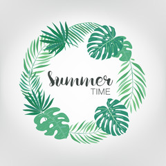 Poster - Round frame with tropical palm leaves. exotic background with place for text.