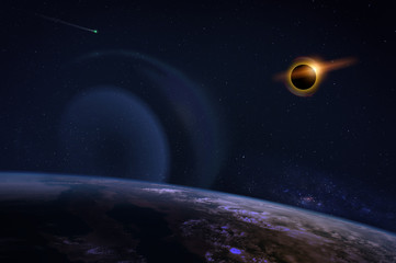 Wall Mural - fantasy composition of the planet earth and his natural satellite, the moon, with a shiny sun on a s