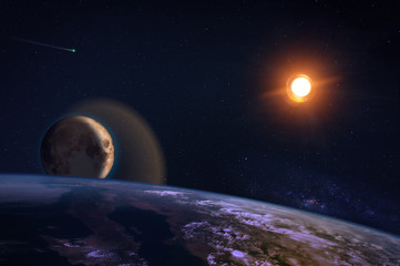 Wall Mural - fantasy composition of the planet earth and his natural satellite, the moon, with a shiny sun on a s