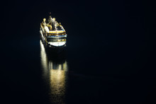 An Illuminated Cruise Ship In The Adriatiac Sea At Night In Dubrovnik, Croatia.