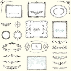 Wall Mural - set of hand drawn frames, labels, flowers, floral dividers and design elements. vector illustration.