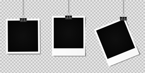 Wall Mural - blank photo frame set hanging on a clip. vintage photo frame. retro photorealistic photo frame. vect
