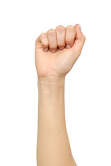 female hand showing wrong fist gesture isolated on white