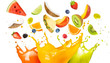 mixed fruit falling in colorful juices splashing