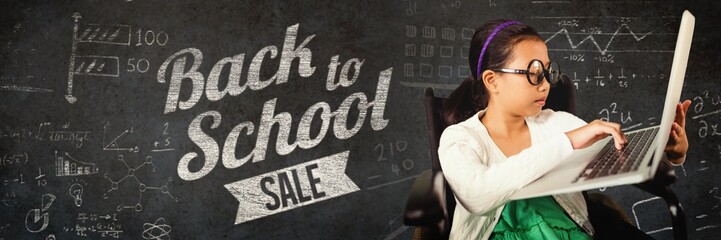 Poster - Composite image of young girl typing on laptop while sitting