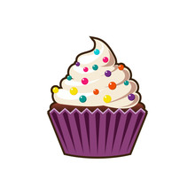 Vector Cupcakes Or Muffins Icon. Colorful Dessert With Cream, Chocolate, Cherries And Strawberries. Multicolor Cute Cupcake Sign For Flyers, Postcards, Stickers, Prints, Posters, Decorations.
