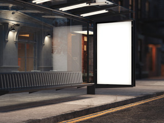 Wall Mural - Bus stop with a glowing blank banner on the street. 3d rendering