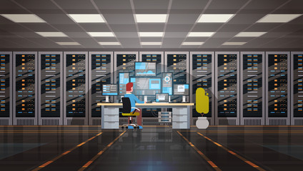Fototapete - Man Working In Data Center Room Hosting Server Computer Monitoring Information Database Flat Vector Illustration