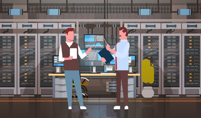 Poster - People Working In Data Center Room Hosting Server Computer Monitoring Information Database Flat Vector Illustration