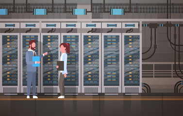 Fototapete - People Working In Data Center Room Hosting Server Computer Monitoring Information Database Flat Vector Illustration