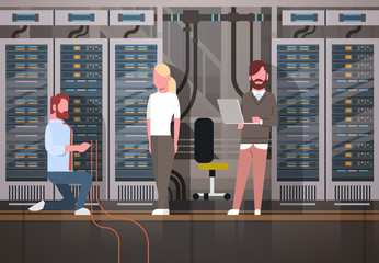 Fototapete - People Working In Data Center Room Hosting Server Computer Monitoring Information Database Flat Vector Illustration