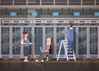 Poster - People Working In Data Center Room Hosting Server Computer Monitoring Information Database Flat Vector Illustration