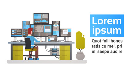Fototapete - Man Working In Data Center Room Hosting Server Computer Monitoring Information Database Flat Vector Illustration