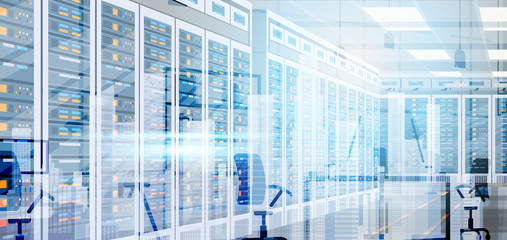 Fototapete - Data Center Room Hosting Server Computer Information Database Synchronize Technology Flat Vector Illustration