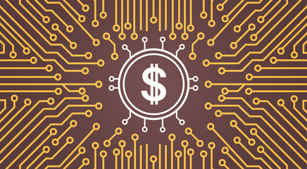 Poster - Dolar Sign Over Computer Chip Moterboard Backgroung Network Data Center System Concept Banner Vector Illustration