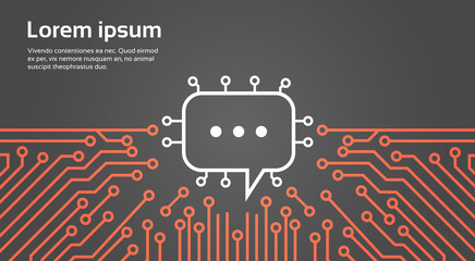 Poster - chat bubble over computer chip moterboard background social media network data system concept banner