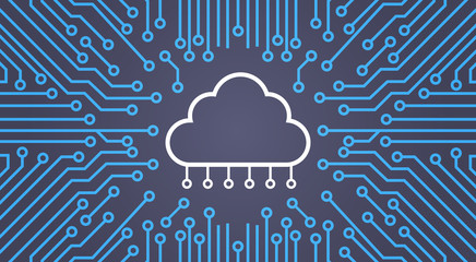 Fototapete - Cloud Database Over Computer Chip Moterboard Background Data Center System Concept Banner Vector Illustration
