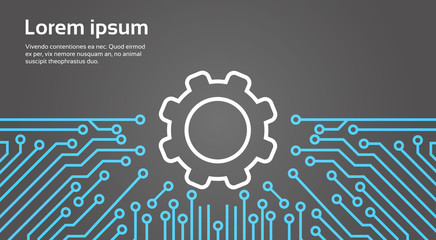 Poster - cog wheel over computer chip moterboard background network data center system concept banner vector 